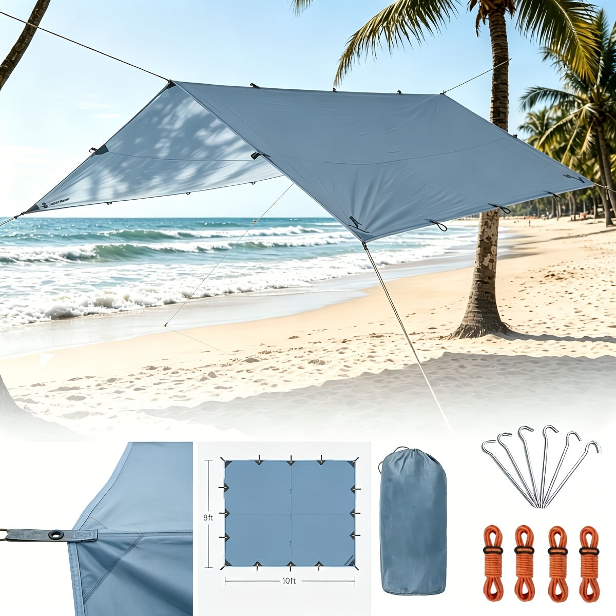 Camping Tarp Canopy with UV Protection – Multiple Colors & Sizes – Portable Collapsible Waterproof Shelter Tent for Backpacking, Hiking, Garden, Outdoor Survival
