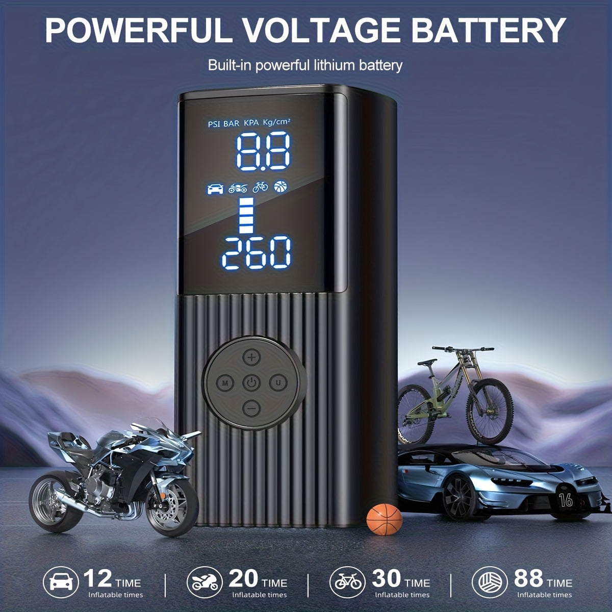 Portable Tire Inflator with Digital Pressure Gauge, Car Tire Pump, 210 PSI, 22 Cylinders, Rechargeable Battery, LED Light, Cordless Air Pump, Wireless Bicycle - product image 5