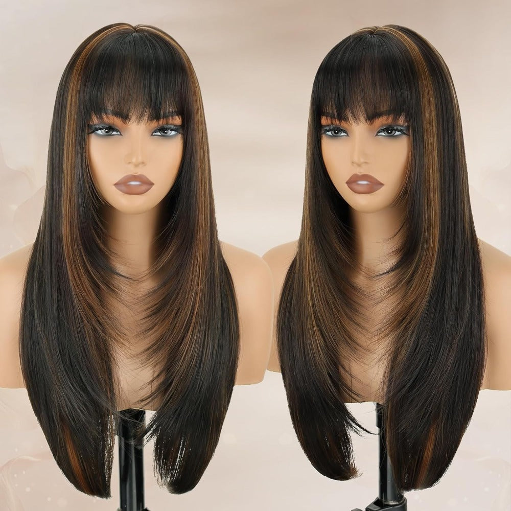 Curtain Bangs Lace Front Wig Synthetic Glueless 26 Inch Long Straight Pre-Bleached Realistic Scalp Natural Hairline 5 Colors Daily Wear Women - product image 5