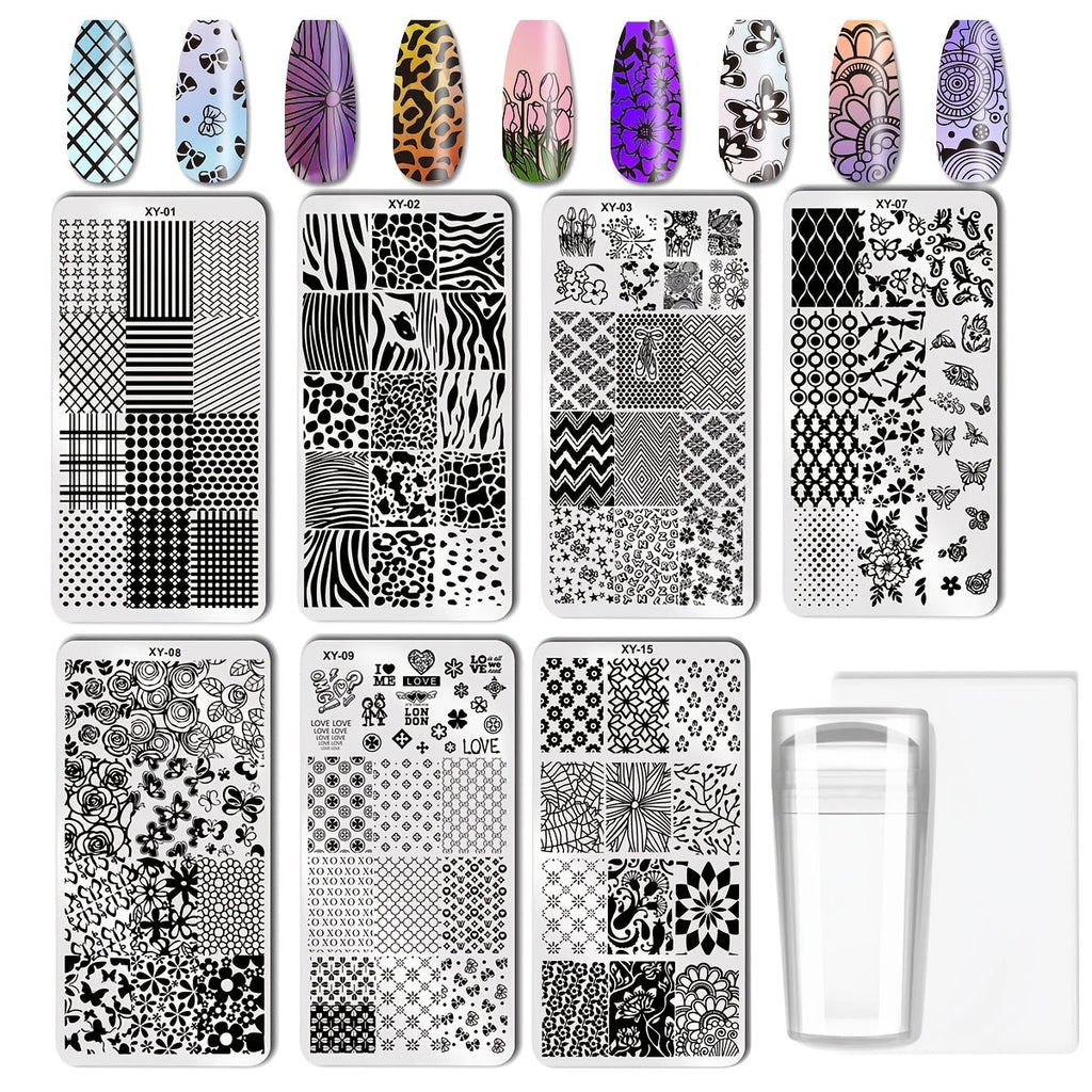 Nail Stamping Plate Set 9Pcs with 7 Mixed Design Stainless Steel Plates – Complete Nail Art Stamp Kit with Stamper & Scraper for Floral Geometric Abstract DIY Manicure Printing, Re - product image 7