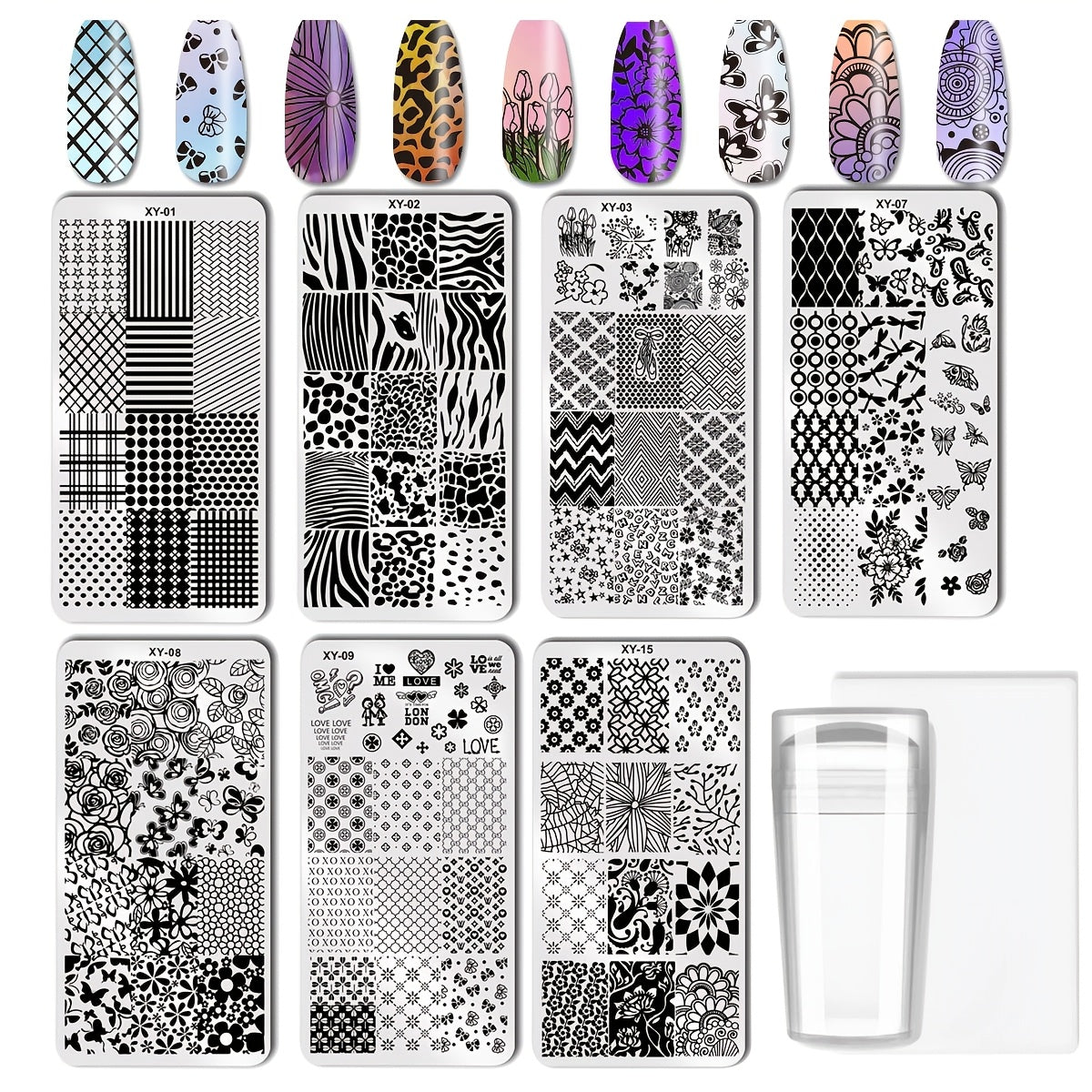 Nail Stamping Plate Set 9Pcs with 7 Mixed Design Stainless Steel Plates – Complete Nail Art Stamp Kit with Stamper & Scraper for Floral Geometric Abstract DIY Manicure Printing, Re - product image 7