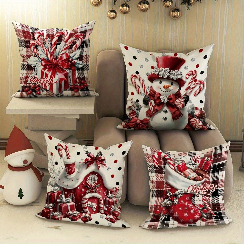 Christmas Throw Pillow Covers 4pcs Set - Snowman Candy Cane Buffalo Plaid Polyester 18x18in Decorative Cushion Covers with Zipper for Holiday Winter Living Room Bedroom Sofa Bed De - product image 7