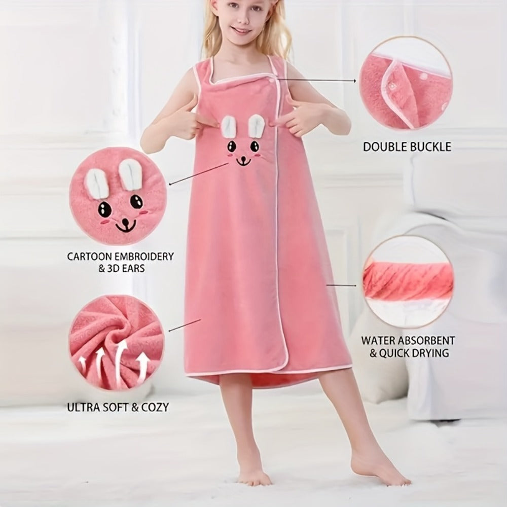 Bunny Ears Bath Towel Wrap for Girls - 250GSM Microfiber Cartoon Bath Skirt, Cute Kawaii Robe for Ages 6-12, Rose Red Purple Pink Blue, Fun Birthday Gift - product image