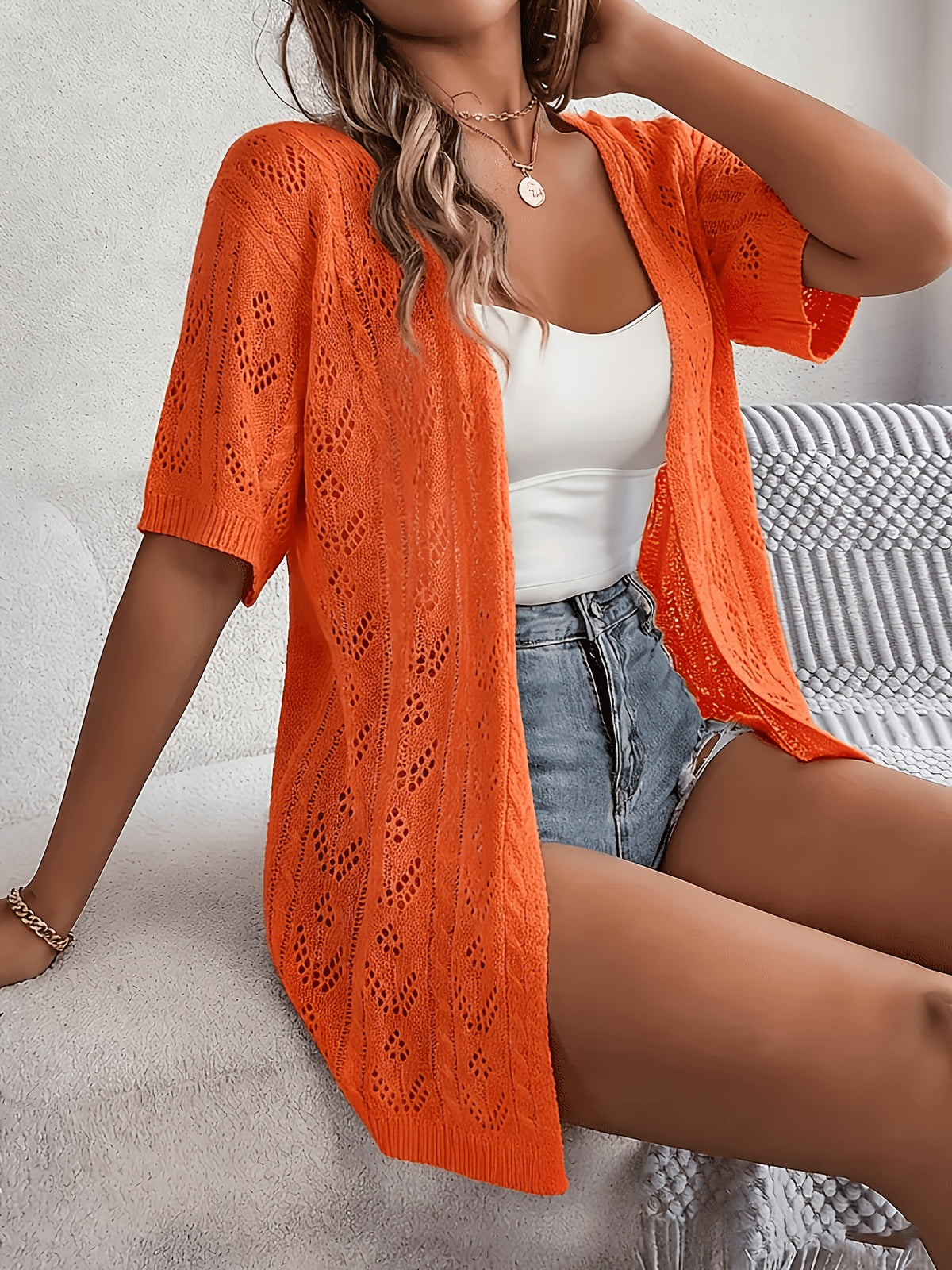 Plus Size, Plus Size Women's Lightweight Lace- Cardigan - Open Front Semi-Sheer Cover-Up with Cut-Out Design, Casual Chic Spring/Summer Beachwear for Vacation - product image 24