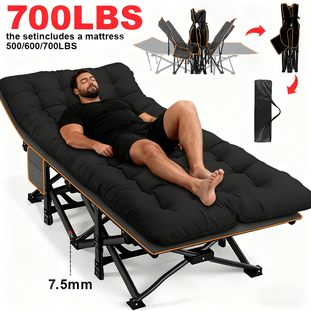 Heavy Duty Folding Bed 500 600 700 LBS Capacity Extra Large Travel-friendly Camping Cot Guest Bed with Optional Mattress Sturdy Steel Frame Flip-Up Collapsible - product image