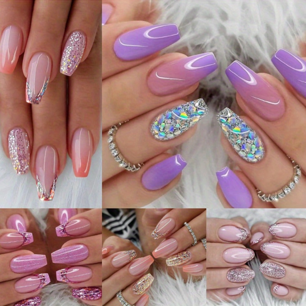 Glitter Sequin Press On Nails 120pcs Coffin Medium Length 5 Packs – Sparkling Pinkish Purple Glossy Full Cover False Nails | Glamorous Nail Art Kit for Women | Party Wedding Bridal - product image 10