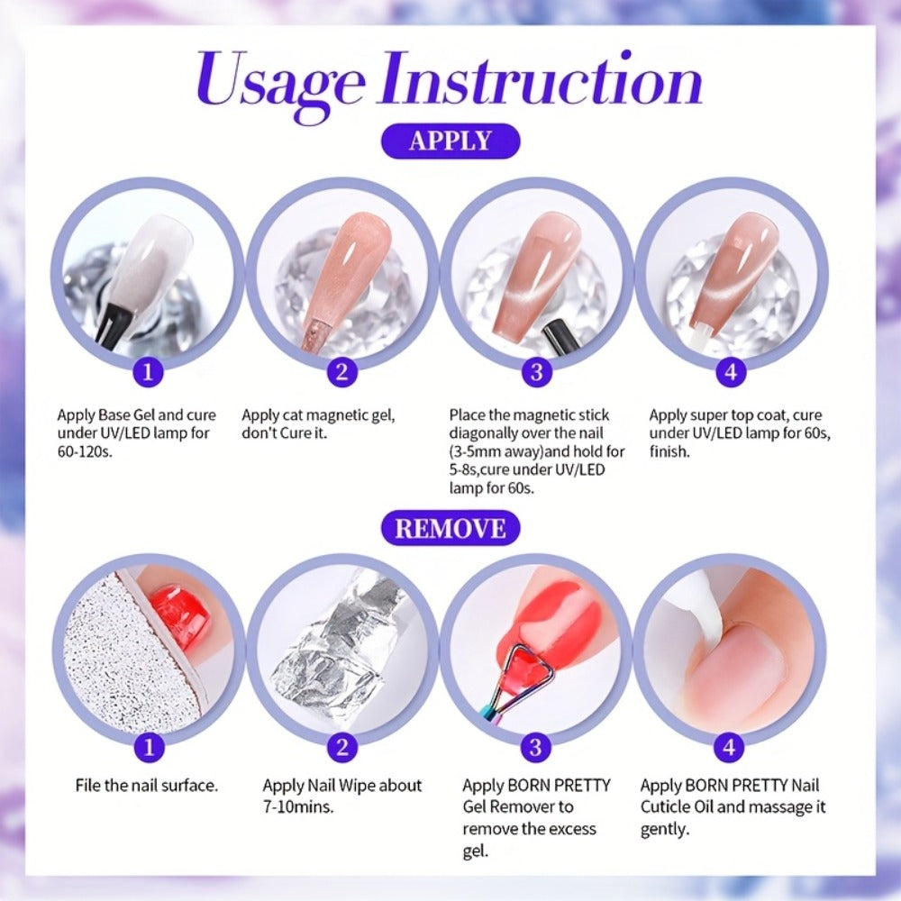 Cat Eye Magnetic Gel Nail Polish 10ml - Blueberry Glitter Purple Blue Glass Bead Sparkling Effect, UV LED Semi-Permanent Gel Varnish with Magnetic Stick, DIY Salon Nail Art - product image 14