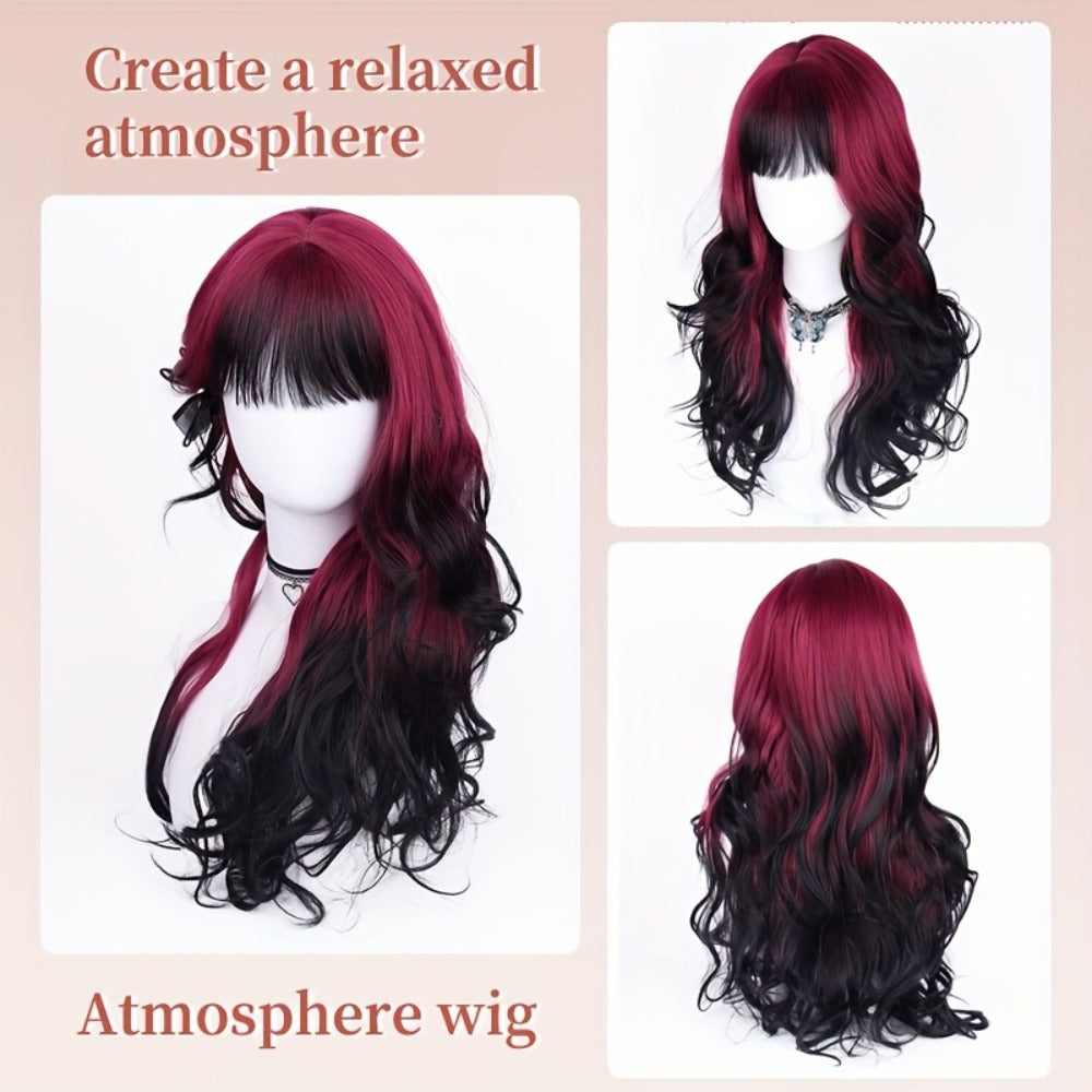 Long Curly Wig Black Red Highlights 28 Inch Wavy Synthetic Rose Net Cap Glamorous Voluminous Hair for Women Cosplay Party Halloween Daily Wear Fashion Statement - product image 6