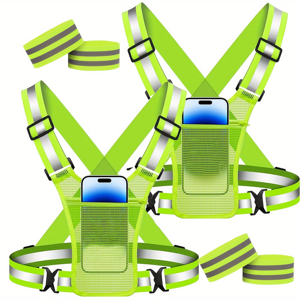 Reflective Running Vest with Phone Holder & Reflective Bracelets – 2 Pack – Adjustable Safety Vest for Men Women, Dog Walking, Cycling, Night Running