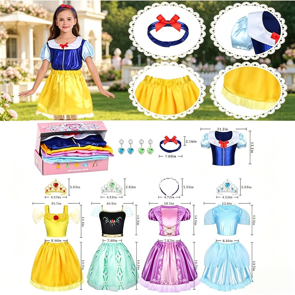 5 Role Play Outfits with Crowns, Earrings & Storage Box, Toddler Princess Costumes for Girls Ages 3-6, Birthday Gift | Girls Princess Dress Up Costume Set 14pcs