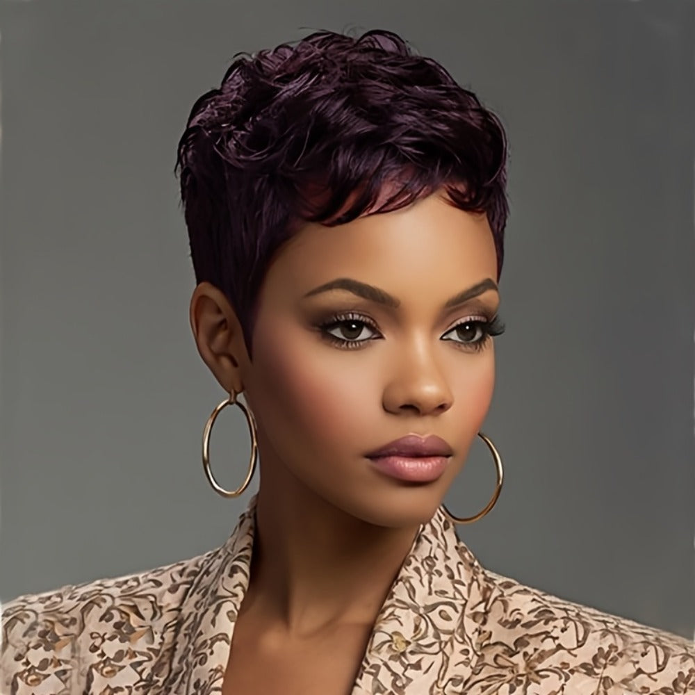 Short Wavy Pixie Cut Wig with Bangs Bold Colors Synthetic 4 Inch Heat Resistant for Women | Dark Brown Deep Purple Burgundy | Daily Wear Cosplay Party - product image 3