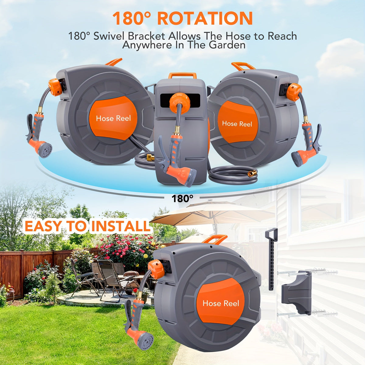 65ft Automatic Garden Hose Reel with 9-Function Sprayer | 180° Swivel Mount - product image