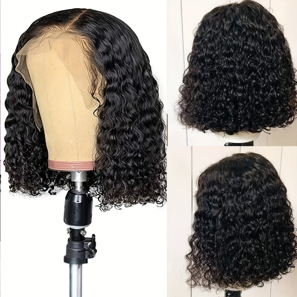 Water Wave Lace Front Wig Deep Curly Short Bob 14 Inch 150% Density Glueless – Adjustable Rose Net Cap Synthetic Wig for Women | Black | Daily Wear Cosplay Costume Party Gift - product image 6