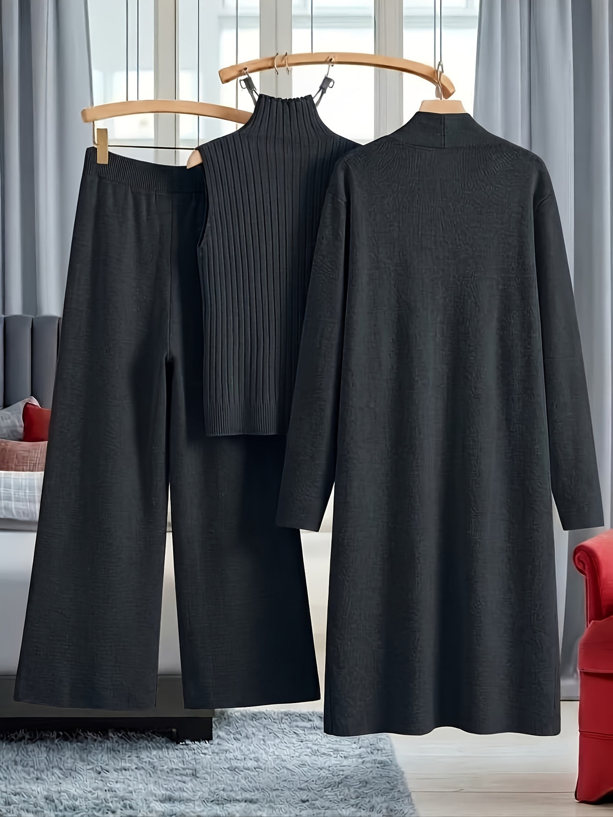 Genuine - Women's Autumn and Winter New Loose Set: Long Wide-Leg Pants + Shawl Cardigan + High-Collar Sweater Vest Fashion Three-Piece Set - product image 43