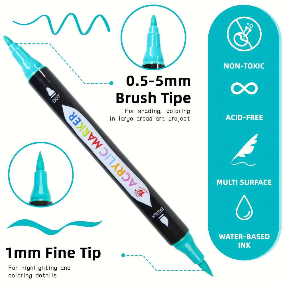 Double Zipper Premium Storage, Non-Toxic Odorless Paint Pens for Canvas Rock Wood Glass Fabric, Artist Gift – Acrylic Paint Markers with Canvas Bag Dual Tip 48 - product image 6