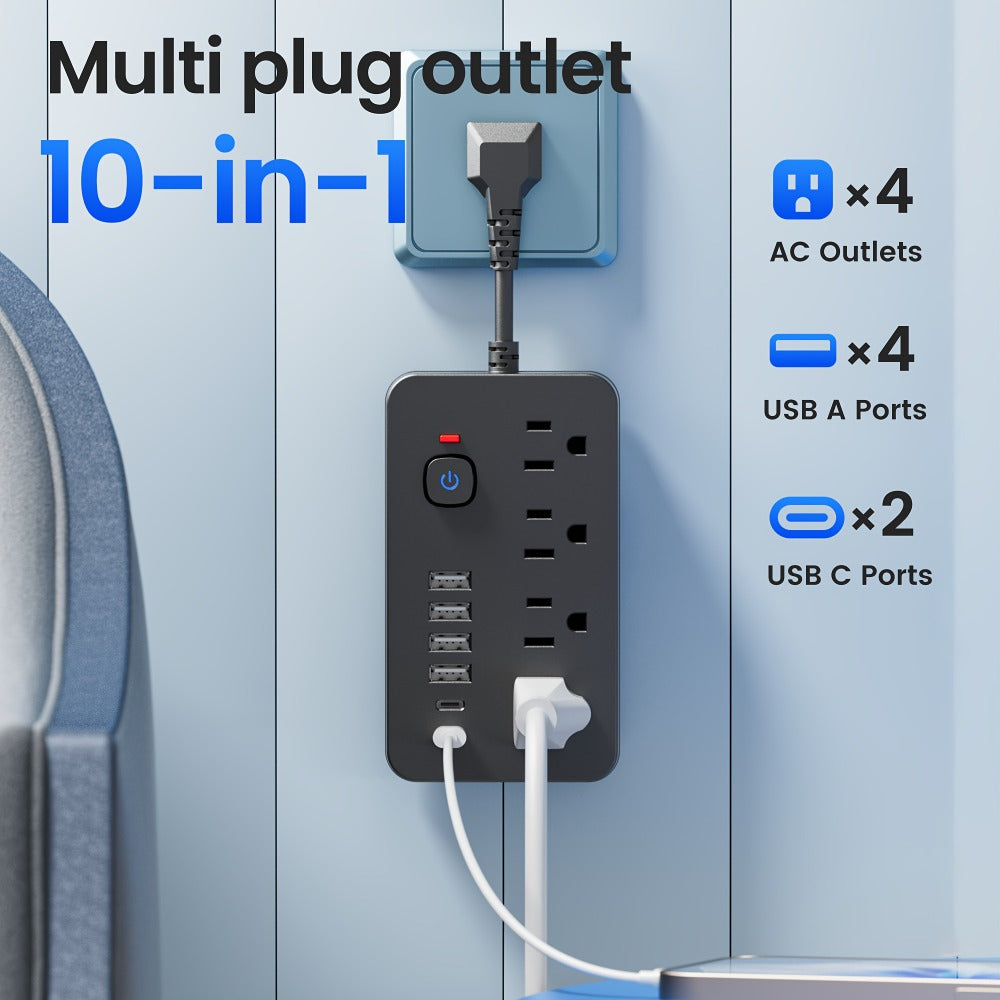 Outlet Extender Power Strip Wall Mountable 14-in-1 10-in-1 with 8 AC Outlets 6 USB Ports 2 USB-C One-Touch Control Switch Overload Protection Short Cord Design for Home Office Scho - product image 2
