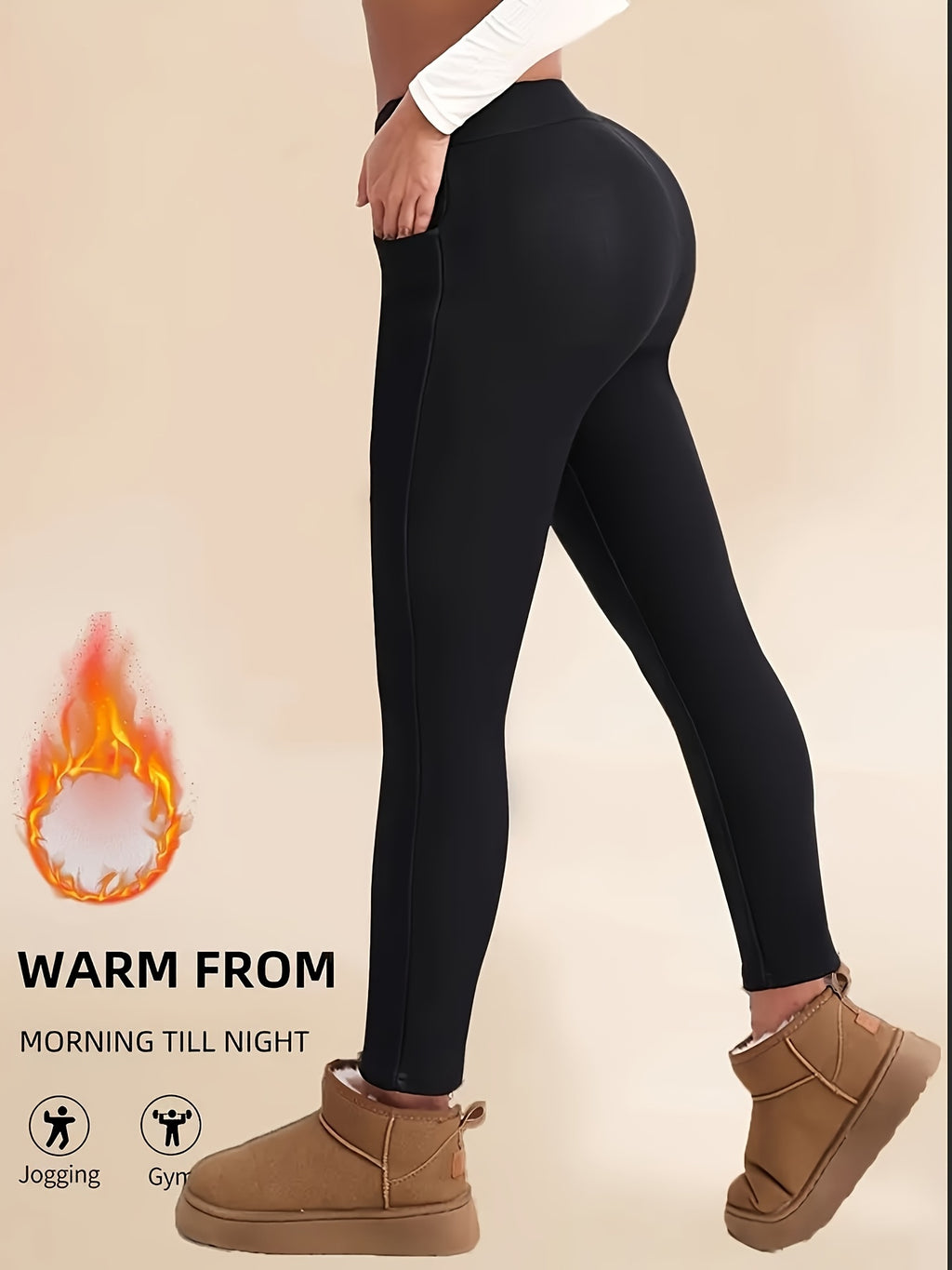1 Pair Women's High-Waisted Thermal Long Pants, Elastic Warmth with Stretch Waistband Detail, Solid Color, Fabric, Autumn/Winter Collection