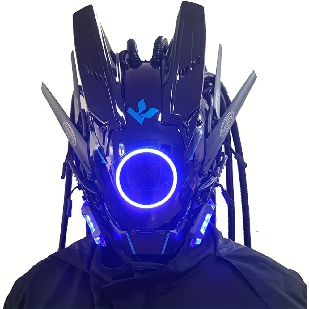 LED Punk Mask with Tubular Braids & Helmet | Futuristic Sci-Fi Mechanical Cosplay Mask for Halloween, Rave Music Festival & Party, Blue Green Pink, Handmade - product image 3