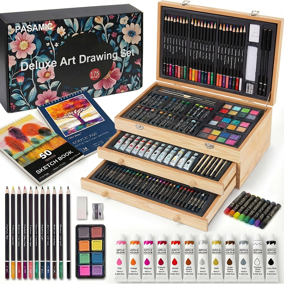 172 Piece Deluxe Art Set in Wooden Case with 2 Drawing Pads Crayons Acrylic Paints Colored Pencils Professional Art Kit Gift Box for Artists Beginners Ages 8+ Birthday Christmas for Festive Home Decor