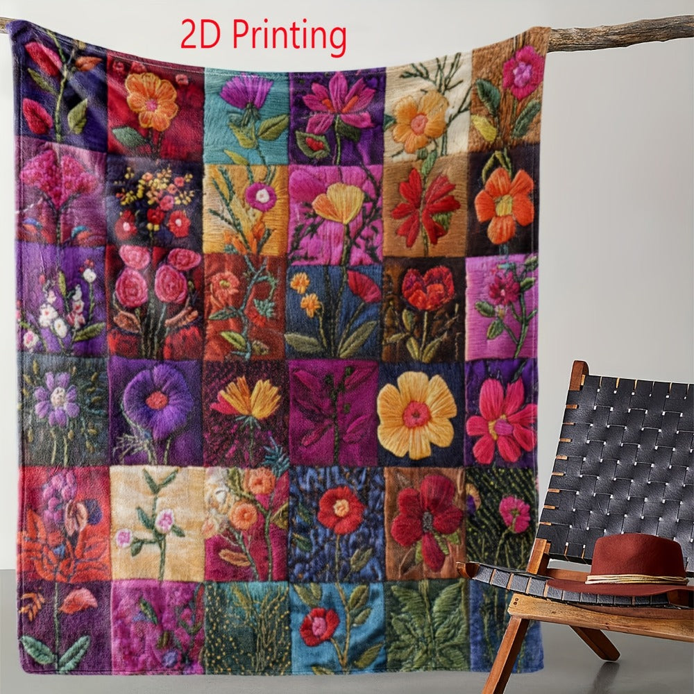 Vintage Green Floral Plaid Flannel Throw Blanket - Soft Warm Cozy 250GSM Retro Style Digital Print for Couch Bed Car Office Camping, All-Season Gift Blanket - product image