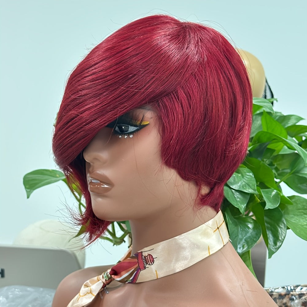 Pixie Cut Human Hair Wig with Bangs 8 Inch 200% Density Glueless | Side Part Layered Straight Rose Net Cap Throw On and Go | #1 #4 #99J Women Daily Party - product image 12