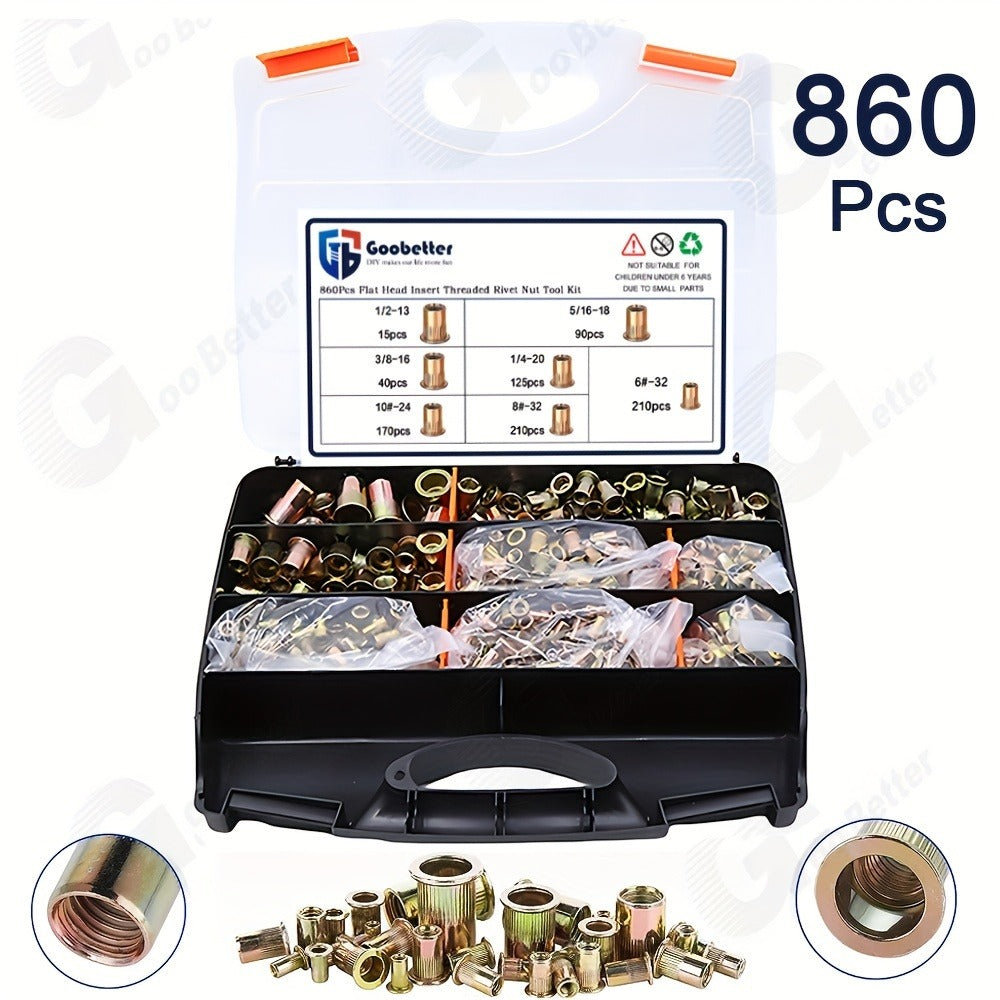 860pcs Rivet Nut Kit SAE UNC Assortment – Zinc Plated Carbon Steel Flat Head Insert Threaded Nuts 7 Sizes with Case for Auto Furniture & Industrial Projects - product image