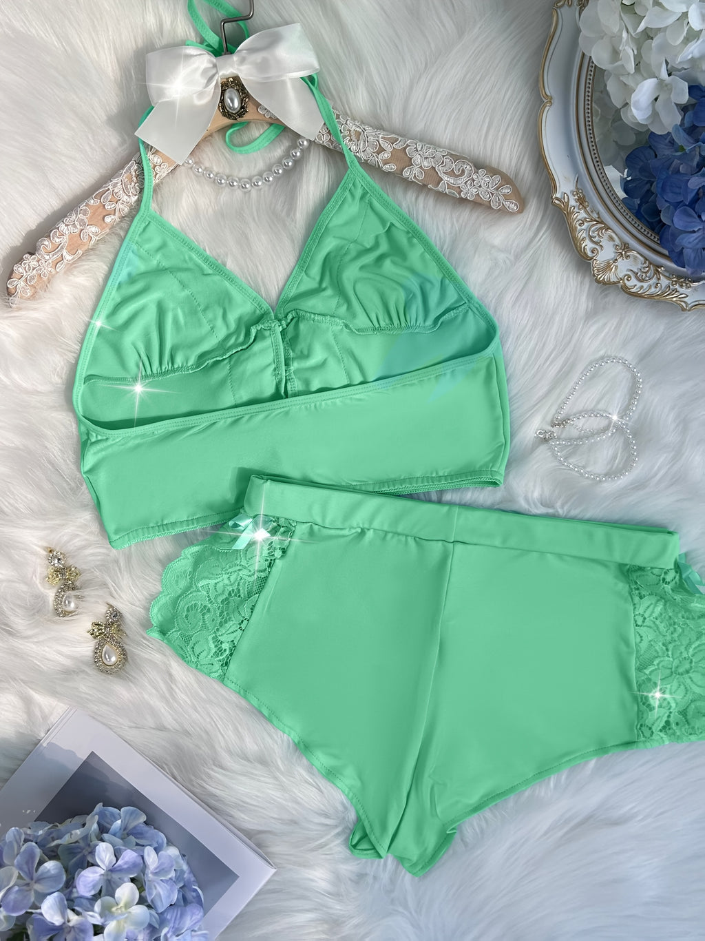 Solid Color Lace Splicing Halter Neck Tie Backless Button Splicing Bilateral Side Opening Lace Splicing Soft -friendly Sexy Home Pajamas Set - product image 31