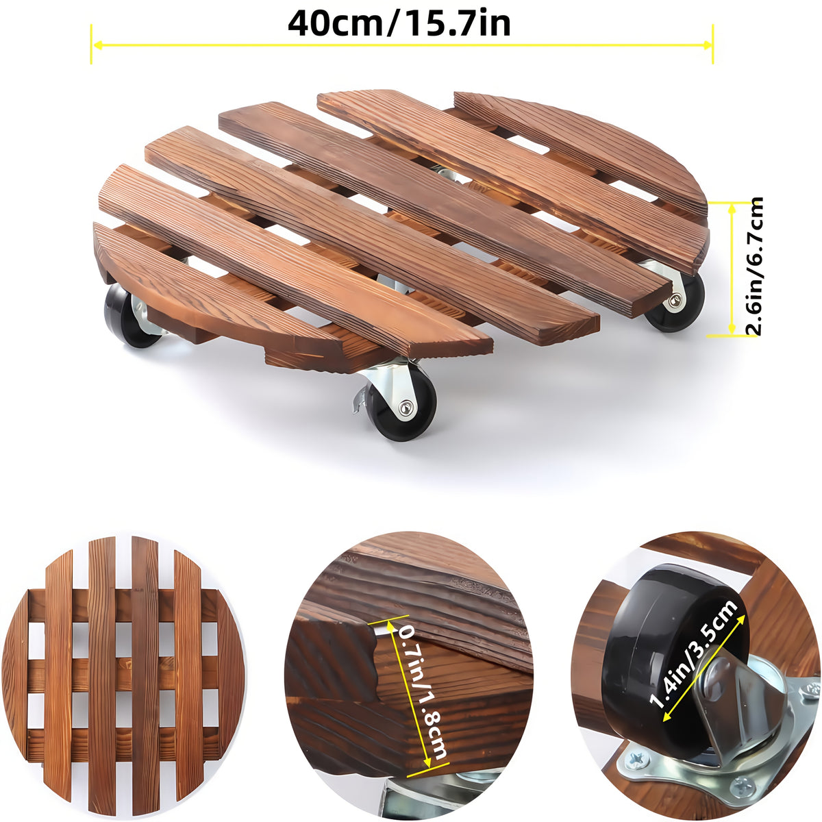 4 pcs Acacia Wood Rolling Round Plant Caddy for Plant Pots, Heavy Duty Plant Stand with 360° Lockable Wheels, 360Lbs Capacity Caddy for Indoor and Outdoor Use - product image 4