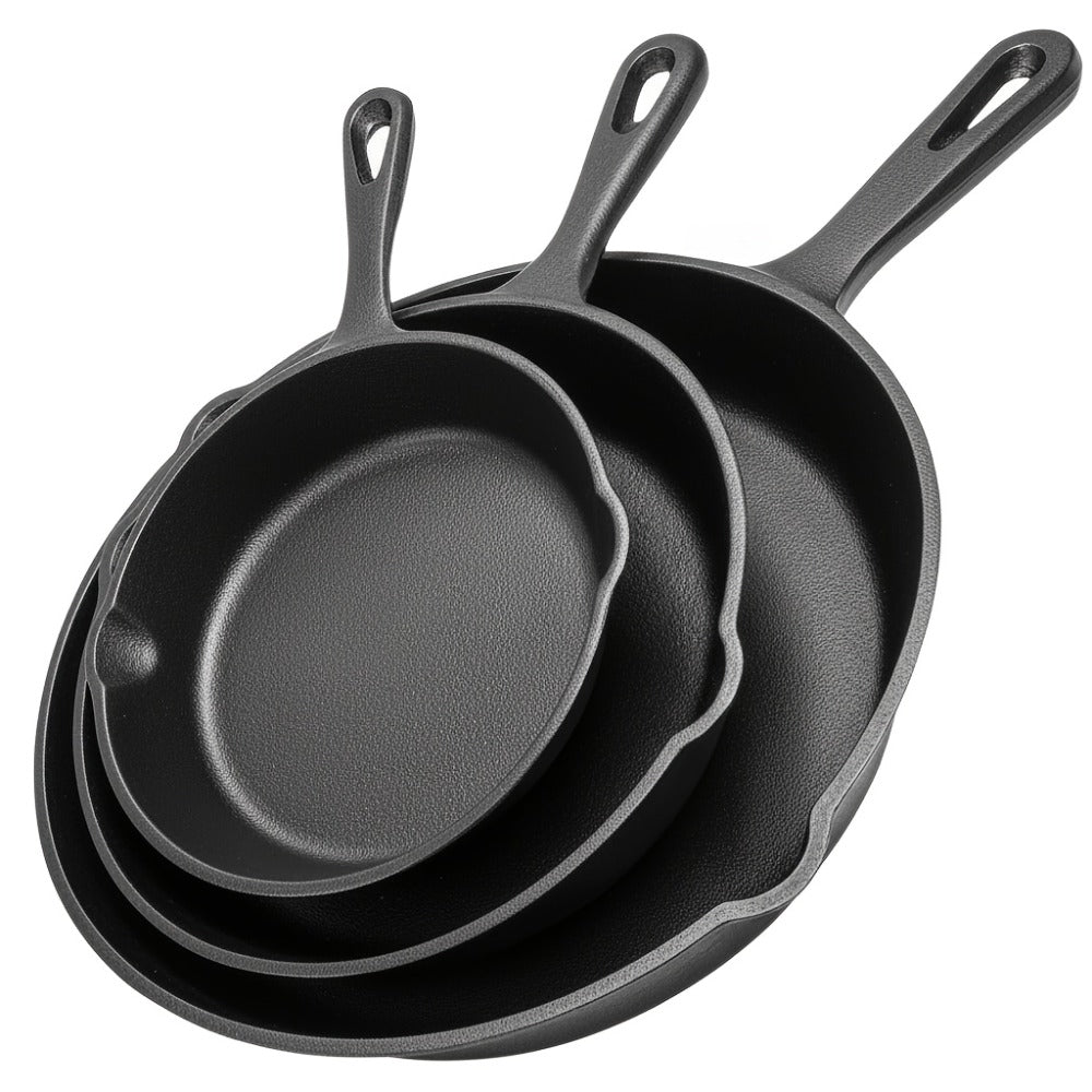 Cast Iron Skillet Set 3pcs - Non-Stick with Drip Spout, Pre-Seasoned Cookware for Holiday Cooking RV Campfire Outdoor Grilling, Heavy Duty Kitchen Frying Pan Set - product image
