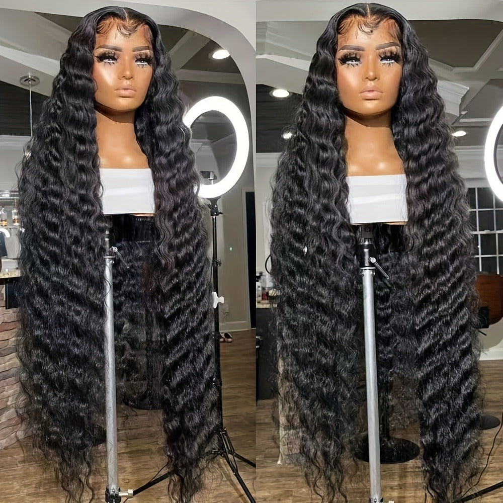 Curly Synthetic Lace Front Wig 13x4 Deep Part Loose Wavy Heat Resistant Glueless Pre Plucked 24 & 32 Inch Natural Black Highlight for Women Halloween Party Daily Wear - product image 3