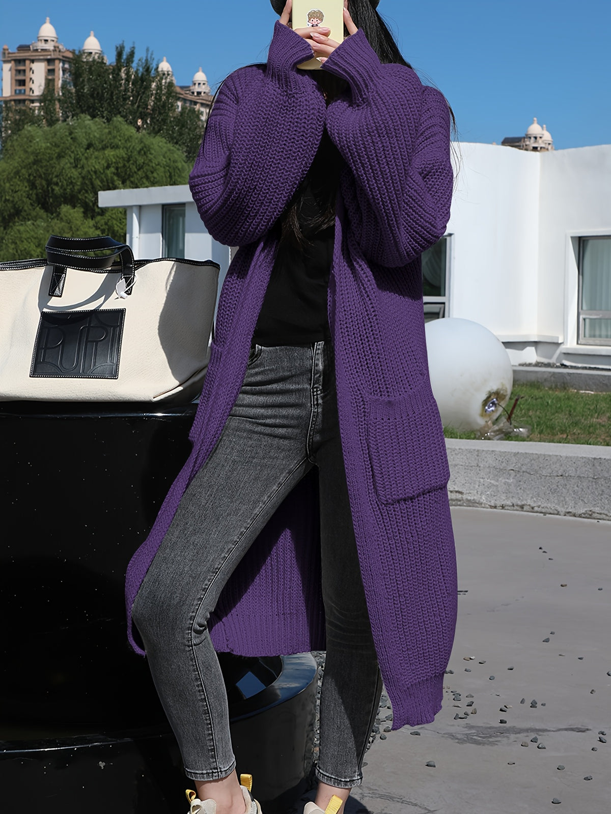 Plus Size, Solid Color Plus-Size Women's Long Pocket Cardigan Loose Over-the-Knee Sweater Coat Fashion Versatile Outerwear - product image 4
