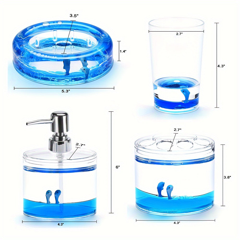 Bathroom Accessory Set 4-Piece 3D Floating Motion Acrylic Liquid Vanity Kit - Tumbler, Toothbrush Holder, Soap Dispenser & Soap Dish, Handcrafted Shell & Leaf Decor, Ocean Dolphin  - product image 11