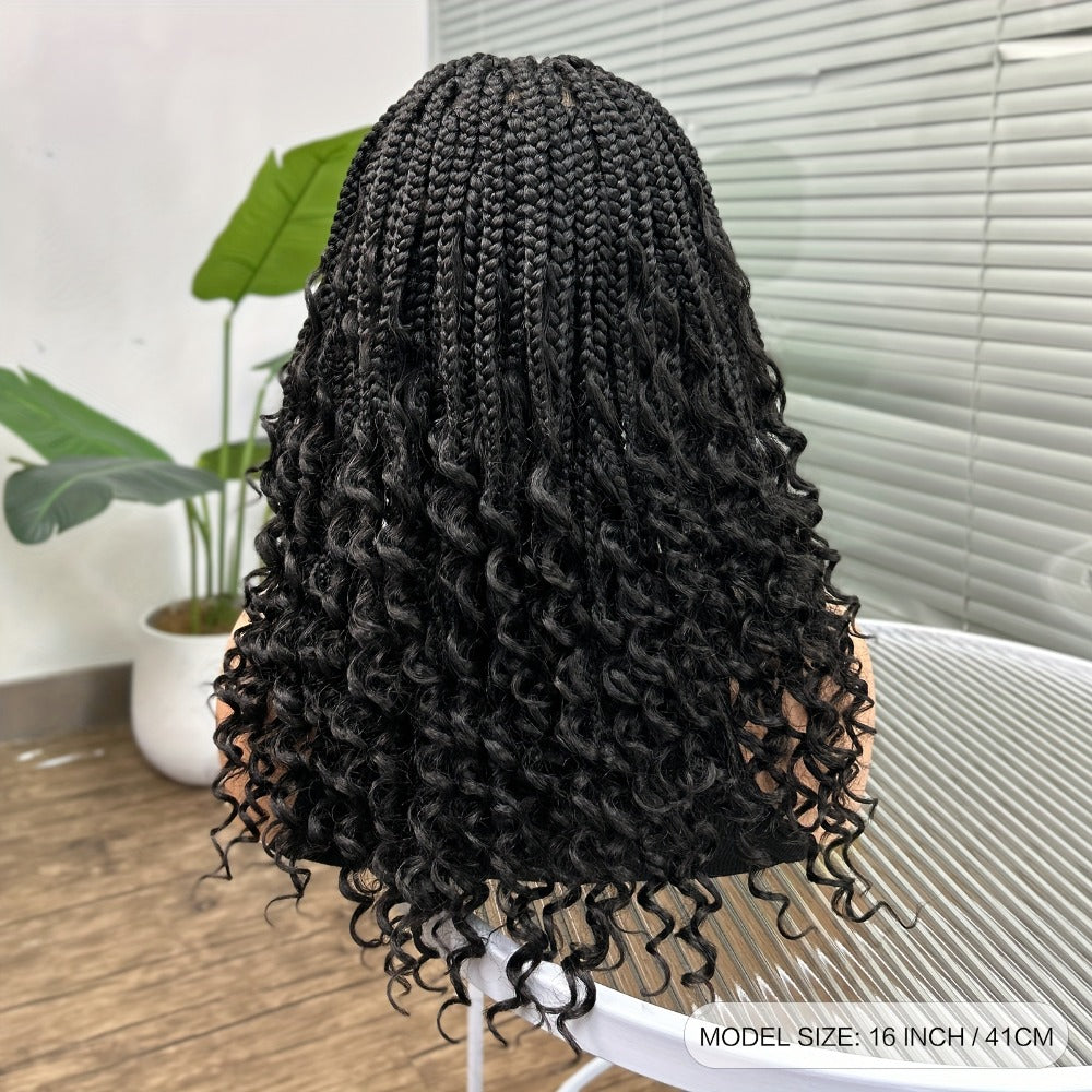 Goddess Braided Wig Knotless Bohemian Square Braid Full Lace Curly Wave 14-16 Inch Black Burgundy Brown Natural Hairline Protective Style Synthetic Wig for Women - product image 6