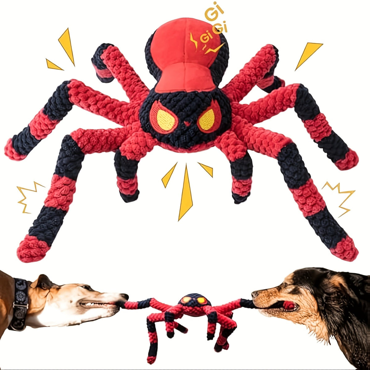 Interactive Crinkle Tug of War Plush Dog Toy with Squeaker Head & Flexible Legs, Durable Large Dog Toys to Keep Dogs Busy, No Battery Needed, Red & Blue Spider - product image 3