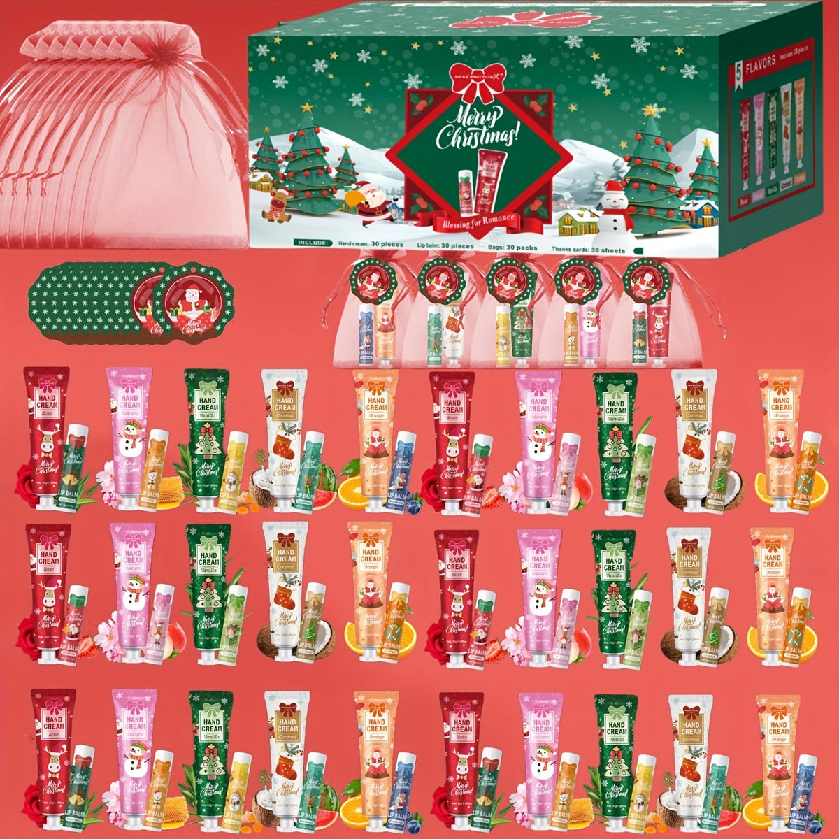 Bulk Gift Set 120 Pieces Lip Balm & Hand Cream with Red Velvet Bags & Holiday Cards — Moisturizing Party Favors for Colleagues, Employees & Friends - product image 13