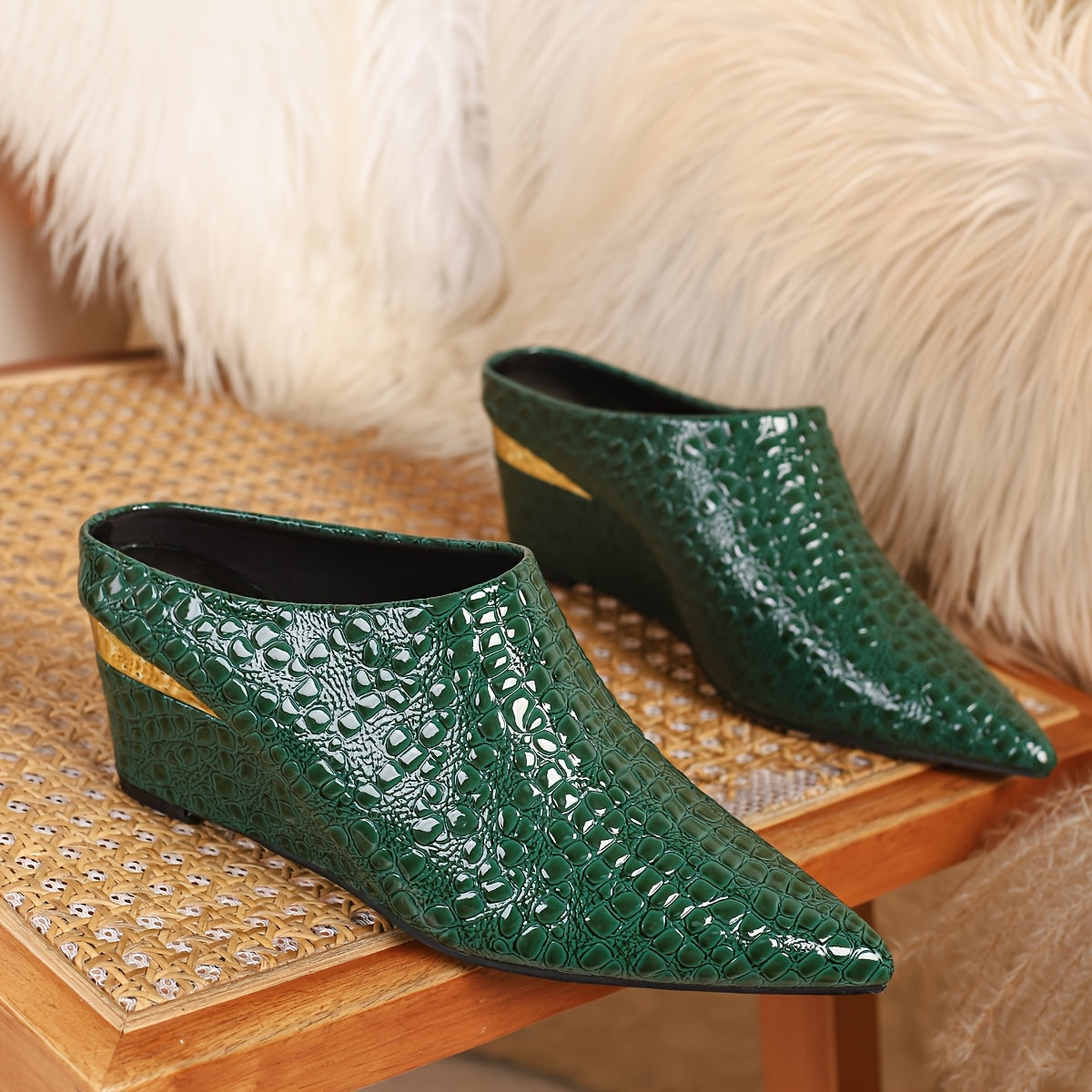 1 Pair Of Wedge , Stone Pattern, Blue and Green Wedge Shoes, Large Size Simple, One Foot Pedal, Pointed Toe Deep Mouth, Four Seasons Shoes, European and - product image 14