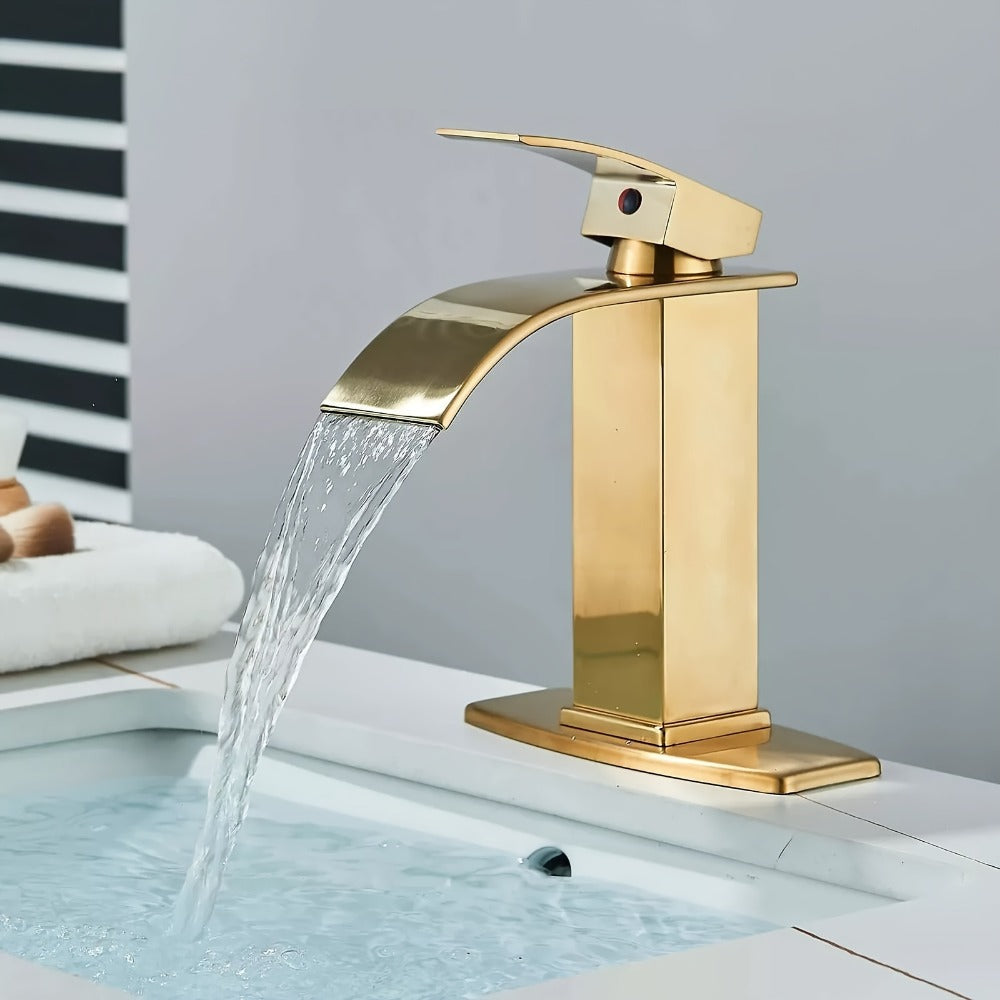 Waterfall Bathroom Sink Faucet, Single Hole or 3-Hole Mixer Tap with 6" Deck Plate, Ceramic Valve, Vanity Faucet for Farmhouse RV Bathroom, Brushed Gold Matte Black Nickel Chrome - product image