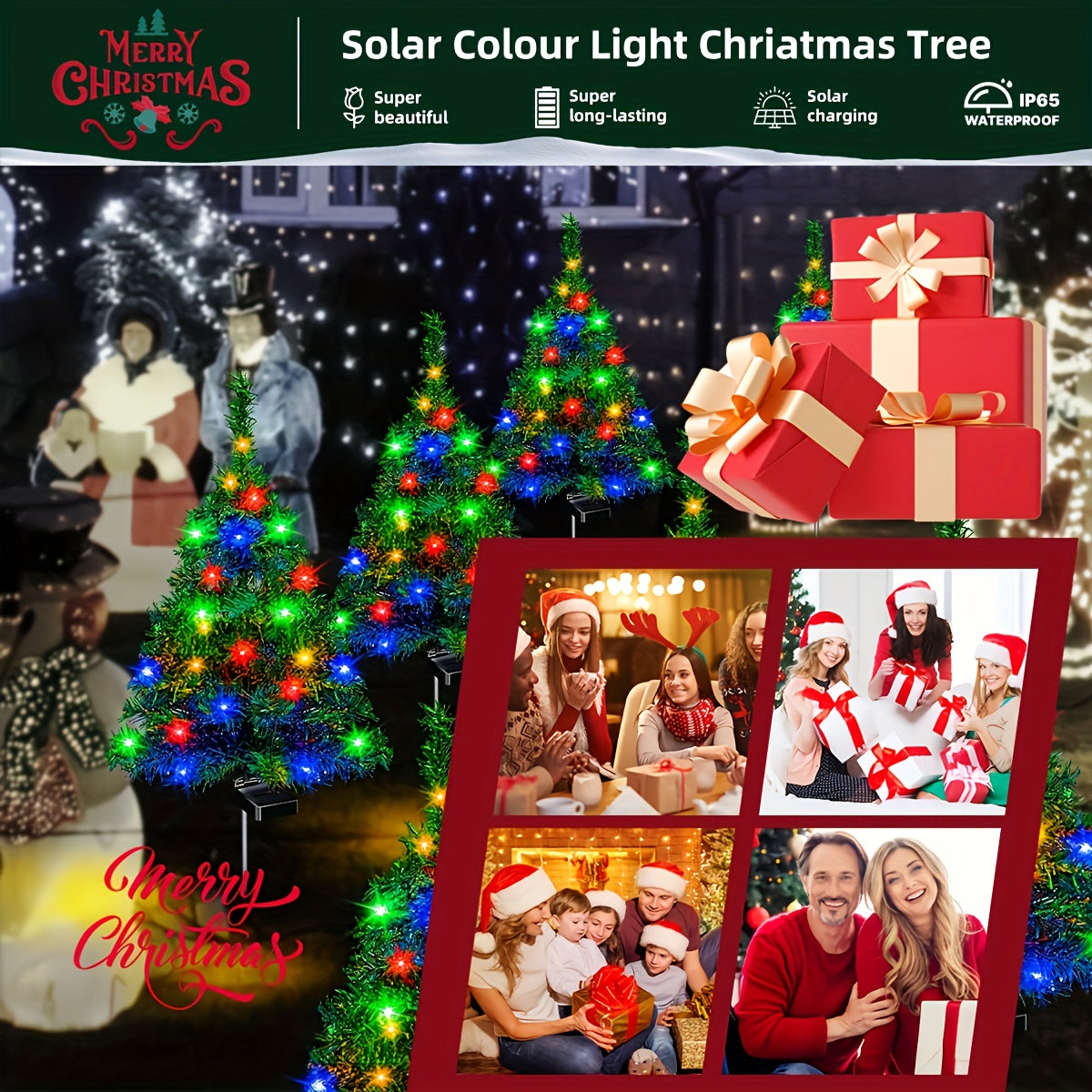 4pcs Solar Christmas Tree Lights - IP65, 4 pcs Suitable for Outdoor Lawns, Terraces, Balconies - Durable Plastic, No Wiring Required, Solar Outdoor Lights - product image 6