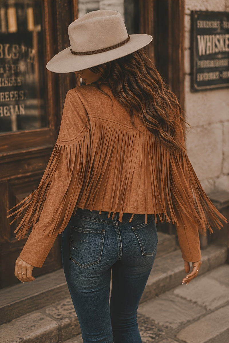 Women's Faux Fringe Jacket, Motorcycle Short Outerwear, 2026 Western Style Fashion Autumn/Winter Long Sleeve Denim Cardigan Jacket, Deer Velvet Faux Fringe - product image 10