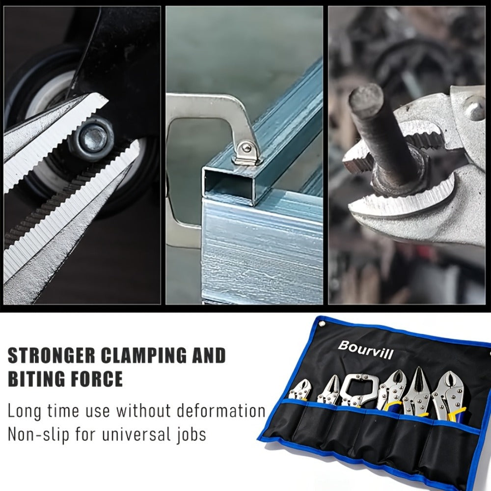 Locking Pliers Set 6pcs Heavy Duty, Includes Needle Nose Pliers 6.5" & 9.5", Curved Jaw Locking Pliers 5" 7" 10", C-Clamp L-Type Pliers with Roll Bag & Ergonomic Metal Handles for  - product image 6