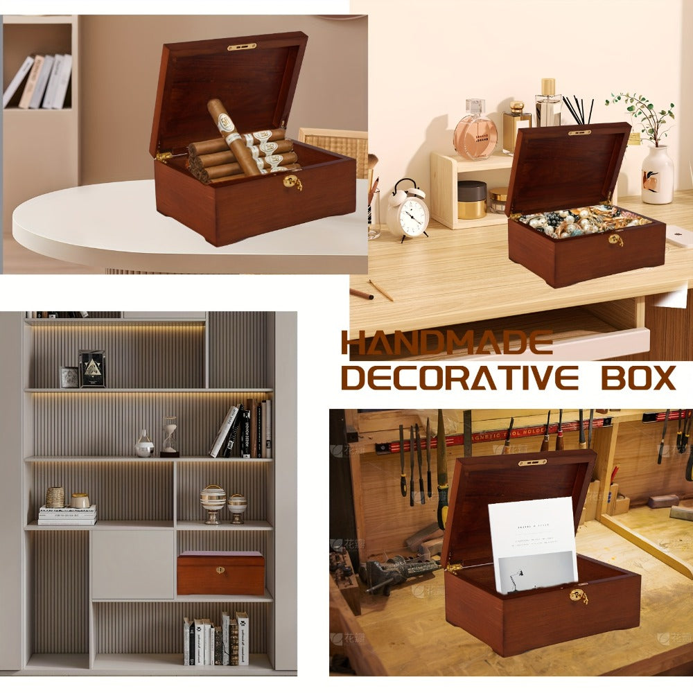 Wooden Jewelry Box with Lock Handcrafted Vintage Wood Storage Chest Hinged Lid Key Lock Multipurpose Organizer Keepsakes Home Office Decor 11x8.5x5.25 Inch - product image 7