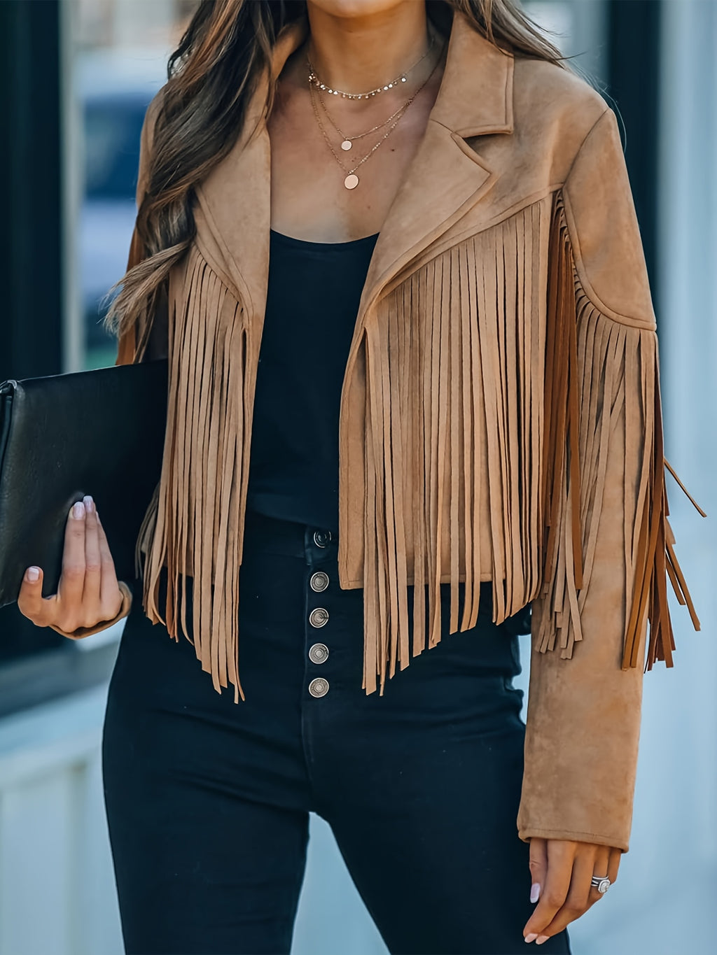 Women's Faux Fringe Jacket, Motorcycle Short Outerwear, 2026 Western Style Fashion Autumn/Winter Long Sleeve Denim Cardigan Jacket, Deer Velvet Faux Fringe - product image 3