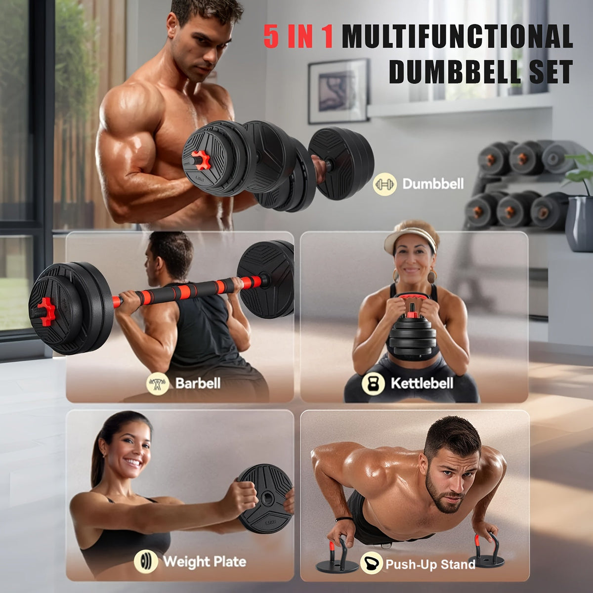 Adjustable Dumbbell Set 5-in-1 – Converts to Barbell – 20/30/40/60/110LBS Free Weights with Upgraded Lock Nut – Kettlebell – Push-Up Rack & Weight Plates - product image 2