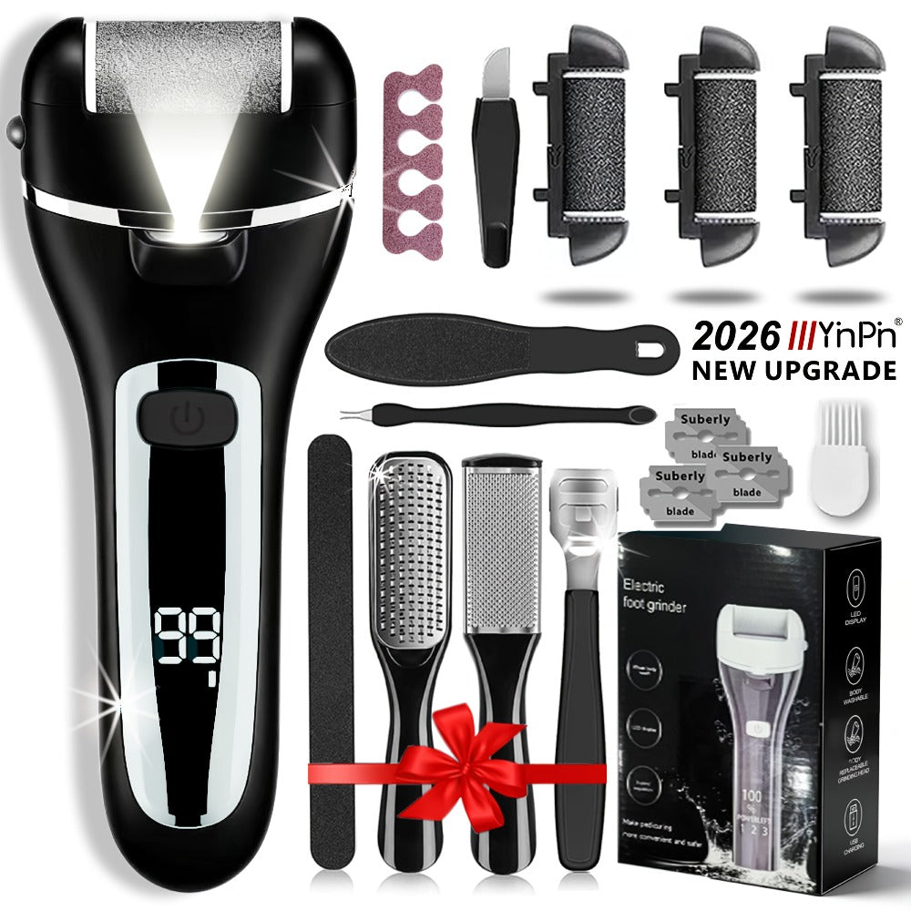 Electric Foot File 14-in-1 Rechargeable Pedicure Kit 3 Roller Heads Dead Skin Callus Remover Portable Foot Scrubber Professional Foot Care Tool for Women Men Black White Silver - product image