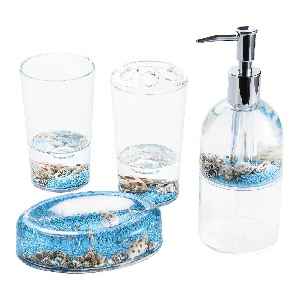 Bathroom Accessory Set 4-Piece 3D Floating Motion Acrylic Liquid Vanity Kit - Tumbler, Toothbrush Holder, Soap Dispenser & Soap Dish, Handcrafted Shell & Leaf Decor, Ocean Dolphin  - product image 7
