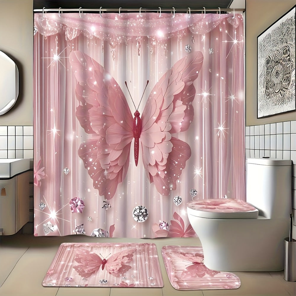Shower Curtain Set Diamond Butterfly Print 70.8x70.8 Inch - 4 Piece Bathroom Set with U-Shape Toilet Seat Cover Non-Slip Rug 12 Hooks Machine Washable | Cyan Purple Pink | All Seas - product image 11