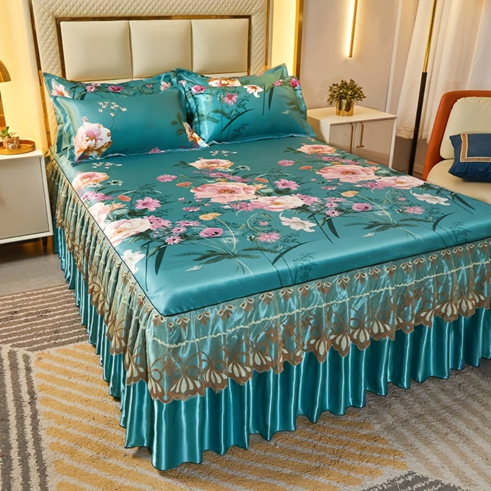 Floral Ruffle Bed Skirt Cool Mat 3 Piece Set with Pillowcase, Double Layer 360° Full Wrap Washable Cooling Mattress Cover, Breathable Summer Bedding Set for Twin Full Queen King, P - product image 19