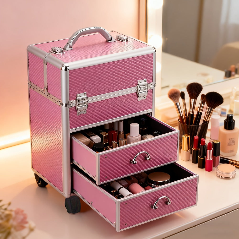 Lockable Aluminum Makeup Train Case with Extendable Trays Multi-Tier Professional Cosmetic Organizer — Portable Salon Travel Beauty Case with Lock Pink Rose Gold - product image