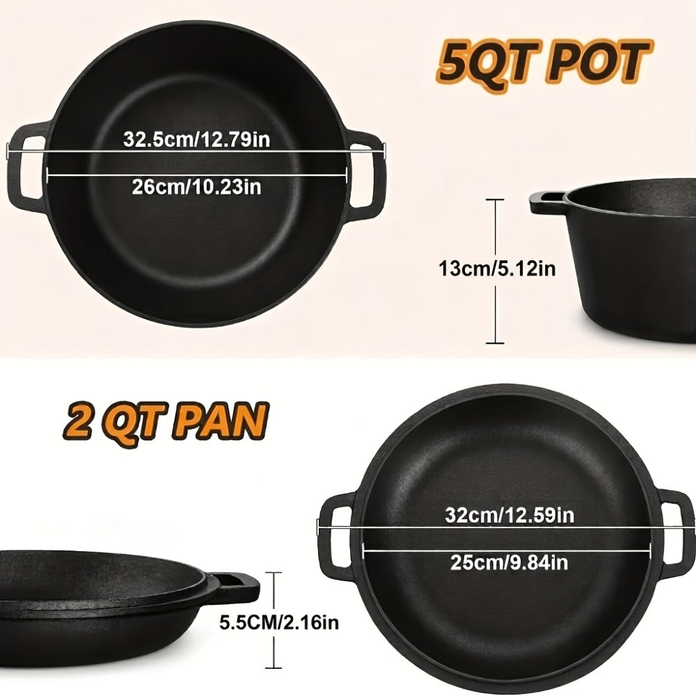 Cast Iron Dutch Oven Set 5.1QT & 7QT with Skillet Lid – Pre-Seasoned 2-in-1 Cookware for Stovetop, Induction, Oven, Campfire & BBQ, Sourdough Bread Baking, Frying, Camping - product image 2