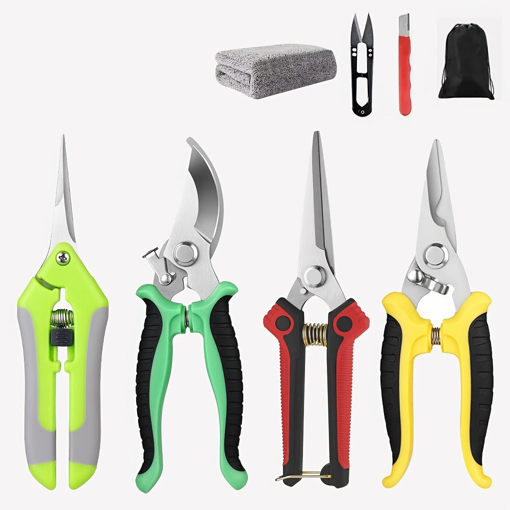 Gardening Pruning Tool Set 8 Piece Stainless Steel | Pruning Shears Scissors Pliers Ergonomic Handle with Wiping Cloth | Lawn Tree Garden Care Kit Orange Yellow Green - product image 2